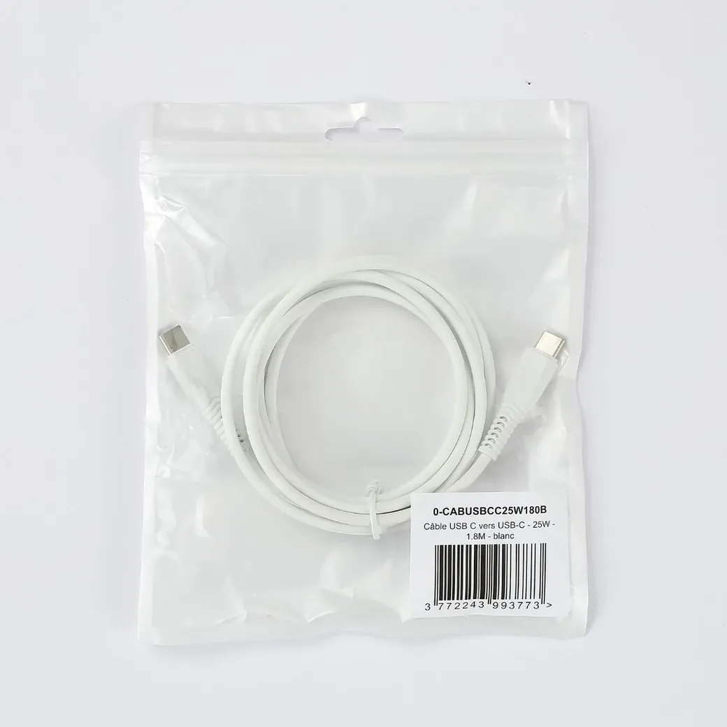 C ble USB-C/USB-C 2.0 Male/Male - 25W - Longueur 1.80M - Blanc - en sachet - 0-CABUSBCC25W180B
